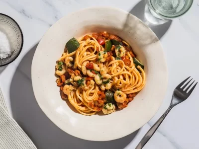 Spaghetti met Garnalen in Tomatensaus