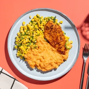 Zoete Aardappelpuree met Kip en Mais